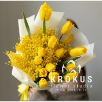 A bouquet of tulips and mimosa